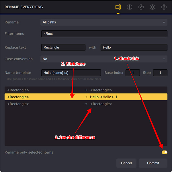 Переименование только одного элемента в Ai Toolbox