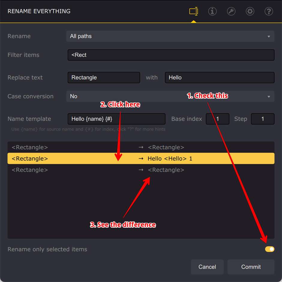 Переименование только одного элемента в Ai Toolbox