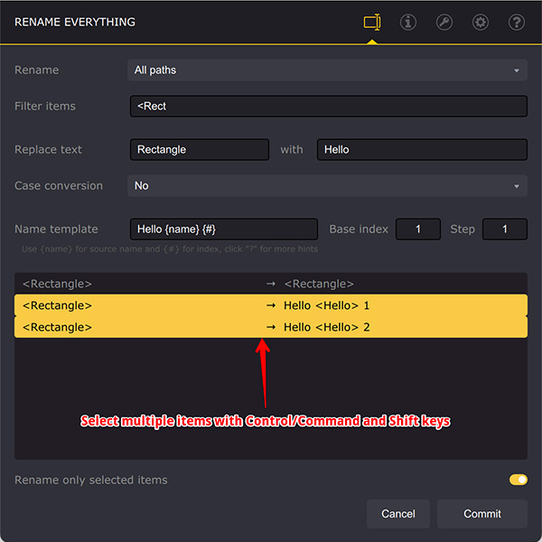 Переименование нескольких элементов в Ai Toolbox