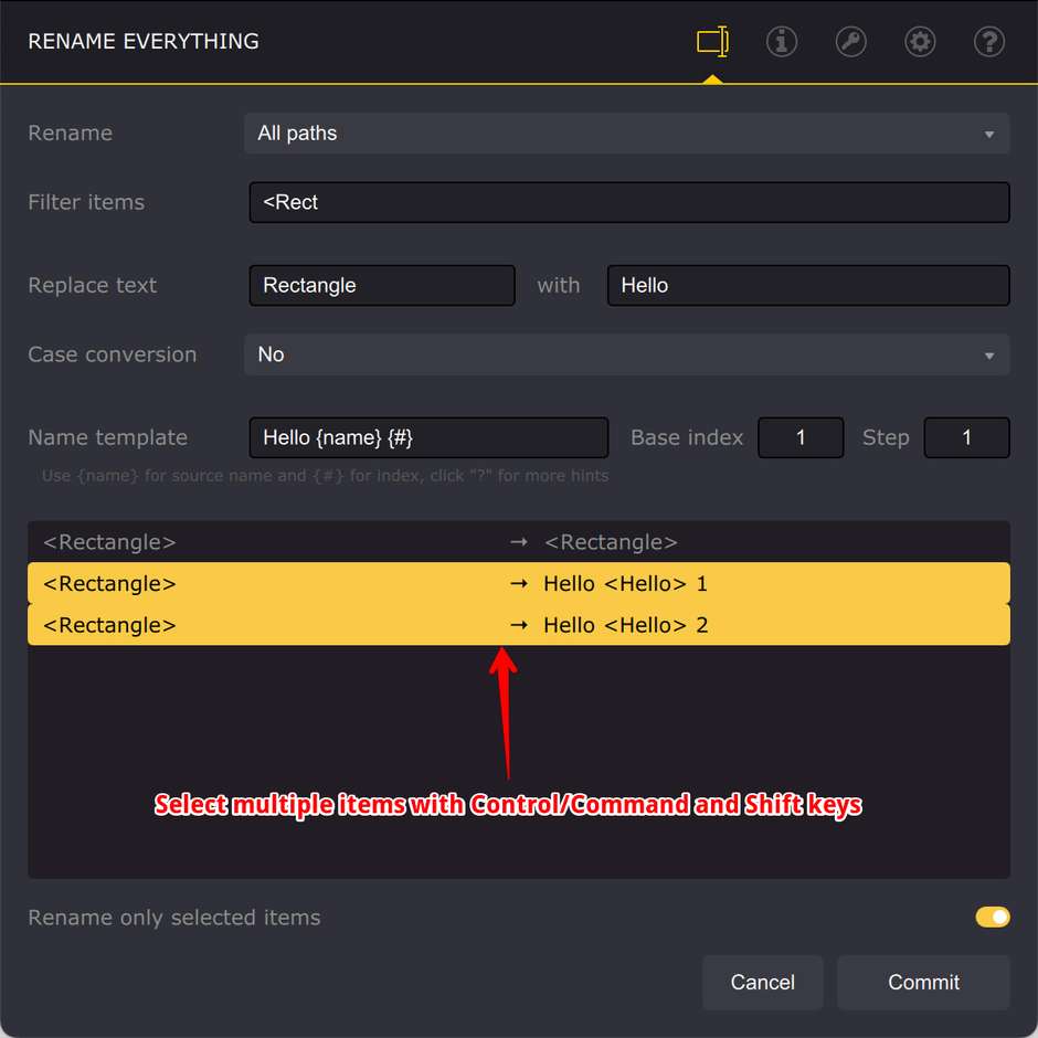 Переименование нескольких элементов в Ai Toolbox
