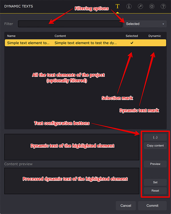 Интерфейс плагина Dynamic Texts с пояснениями