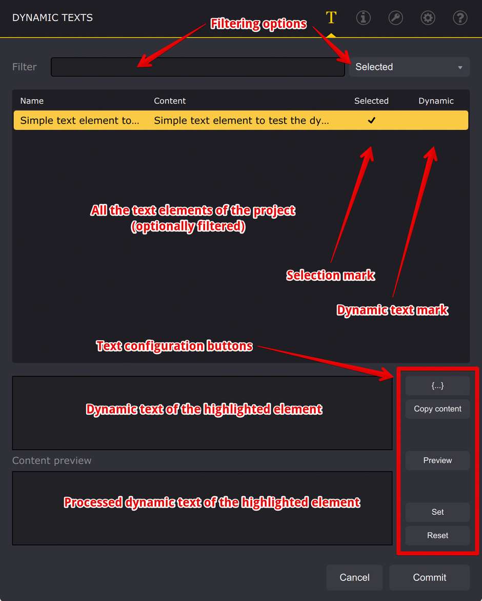 Интерфейс плагина Dynamic Texts с пояснениями