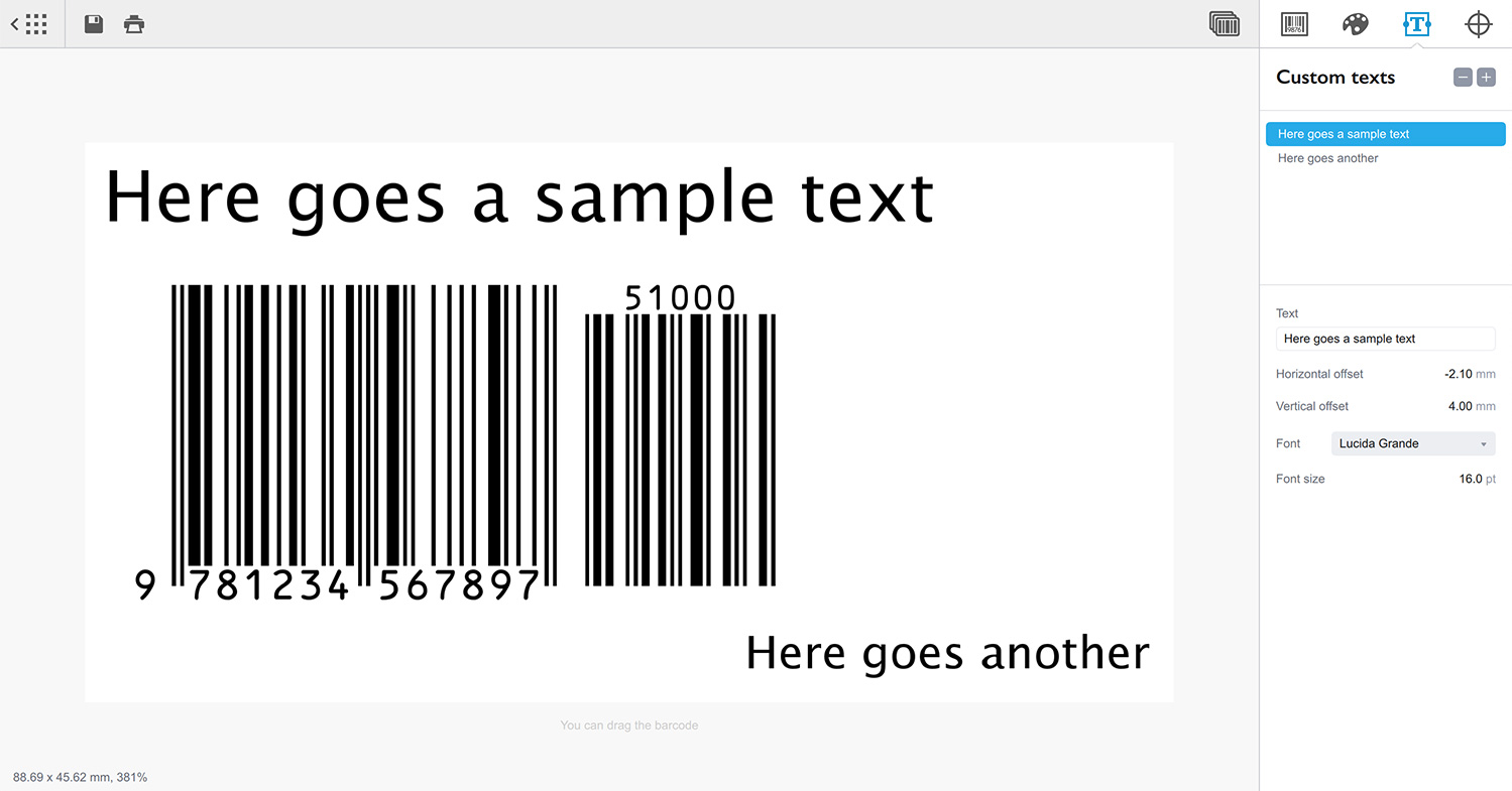Добавление текстового элемента в программе Barcode
