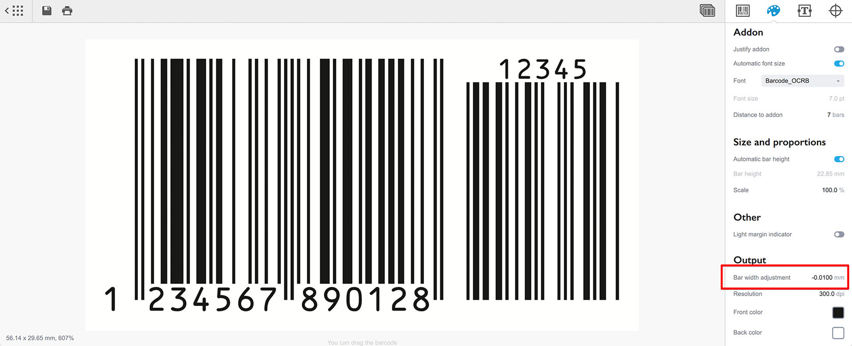 Настройка уменьшения ширины штрихов в Barcode