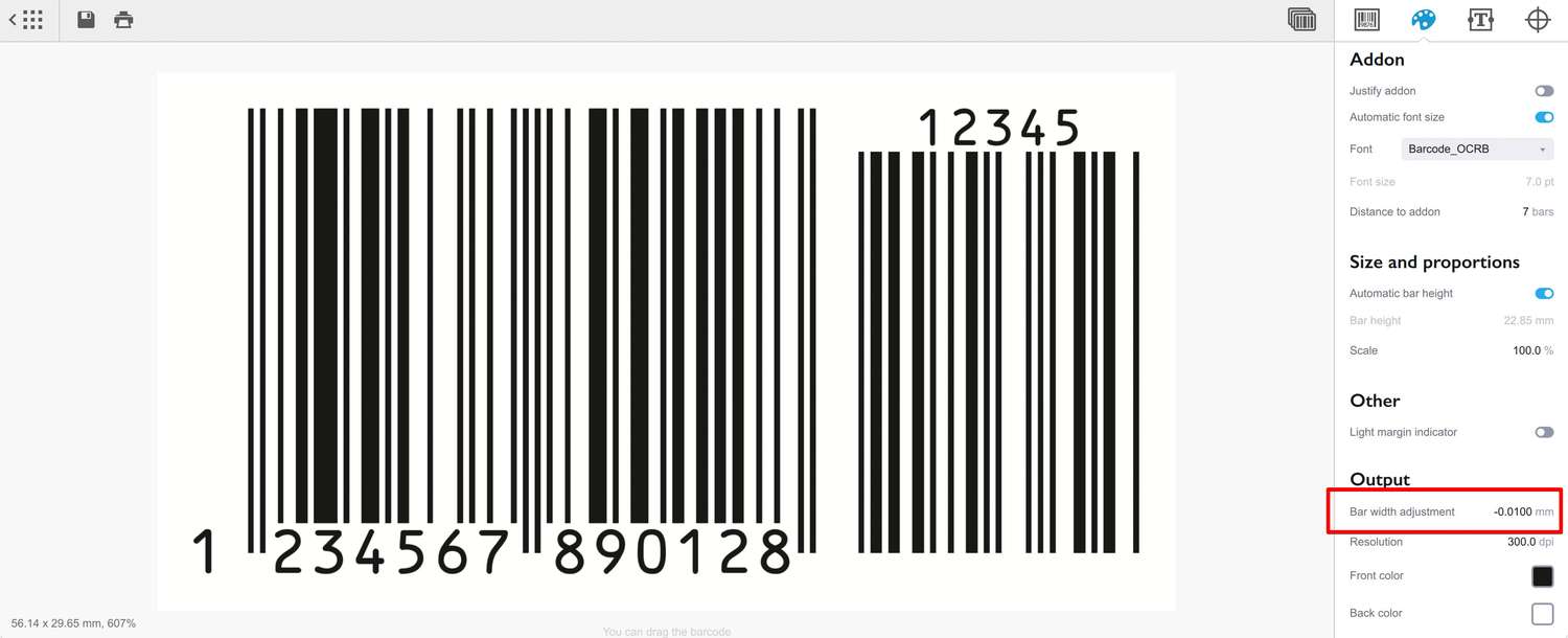 Настройка уменьшения ширины штрихов в Barcode