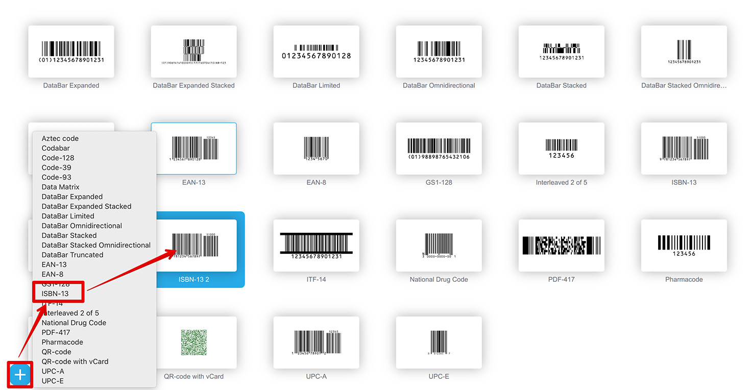 Выбор пункта ISBN создаёт новый штрих-код ISBN