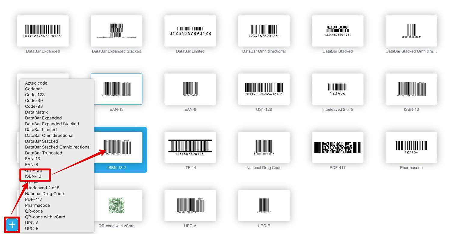 Выбор пункта ISBN создаёт новый штрих-код ISBN