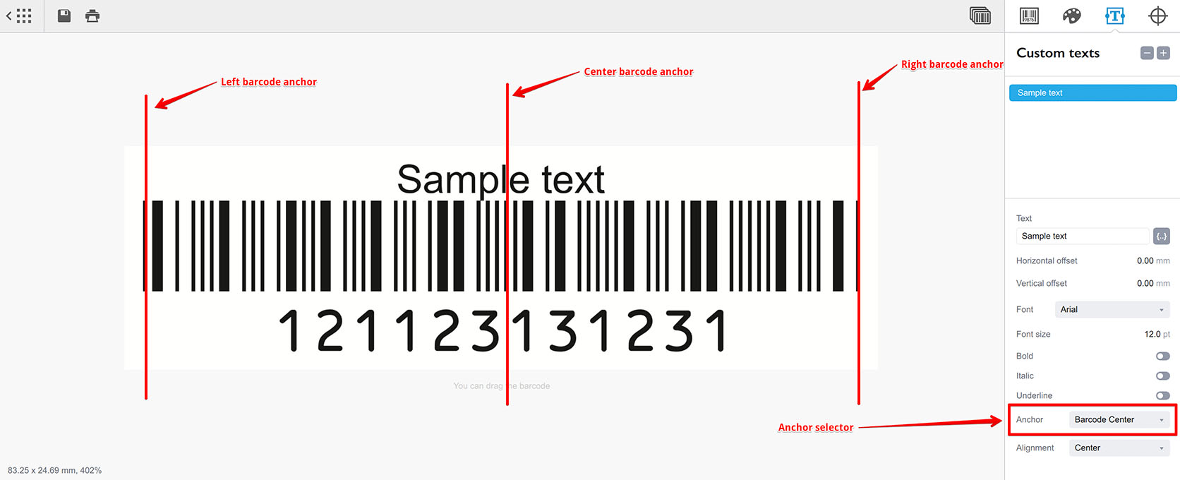 Два текстовых элемента с левым якорем в Barcode