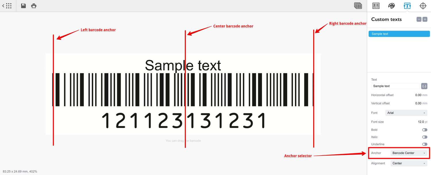 Два текстовых элемента с левым якорем в Barcode
