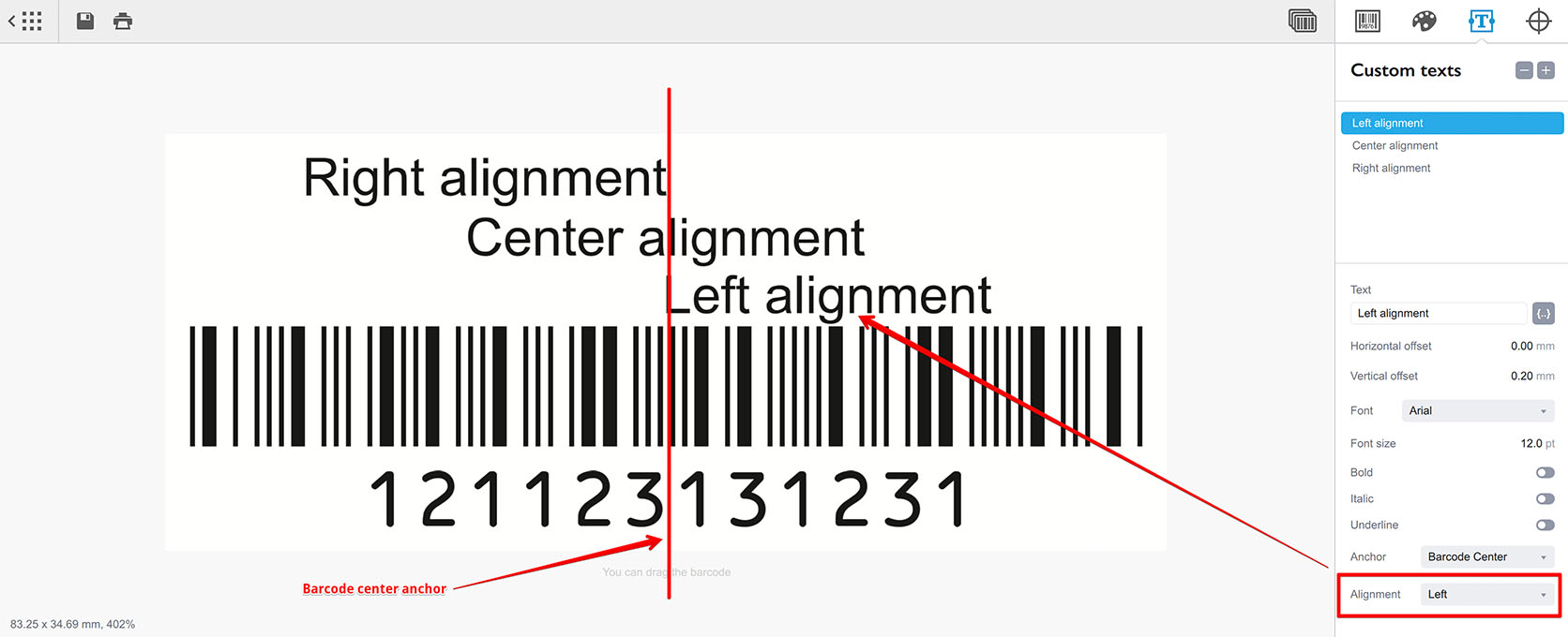 Два текстовых элемента с центральным якорем в Barcode