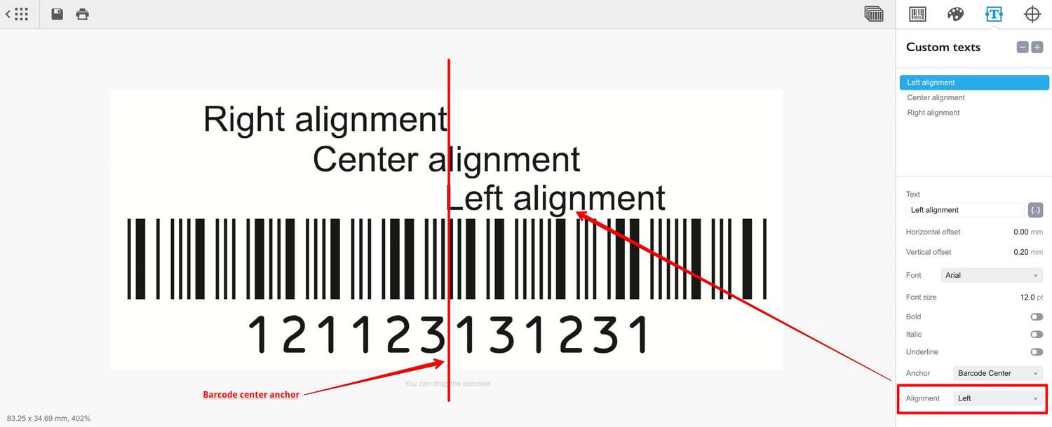 Два текстовых элемента с центральным якорем в Barcode