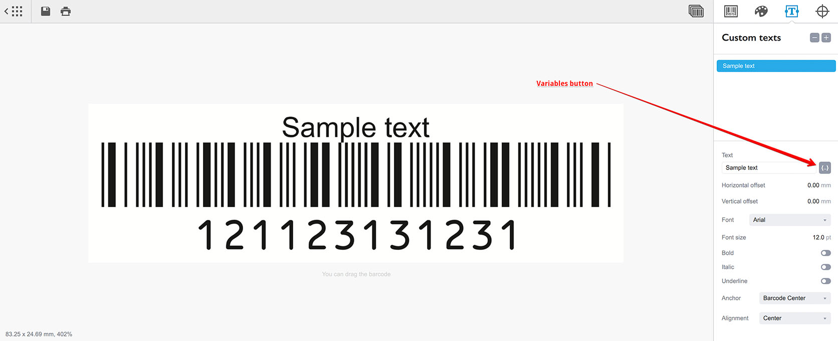 Кнопка переменных рядом с текстовым полем в Barcode