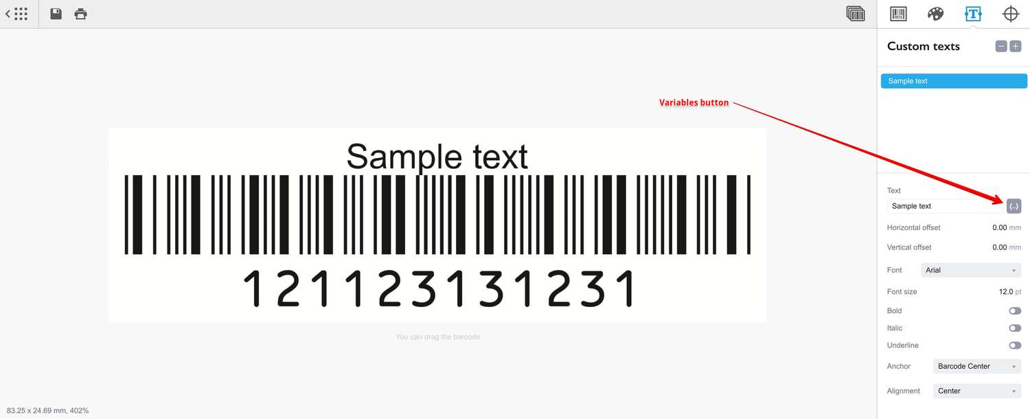 Кнопка переменных рядом с текстовым полем в Barcode