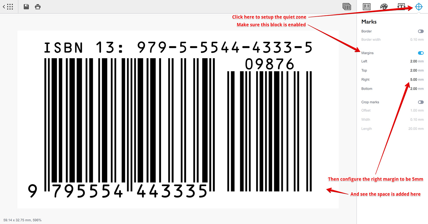 Настройка свободной зоны вокруг ISBN через панель меток справа