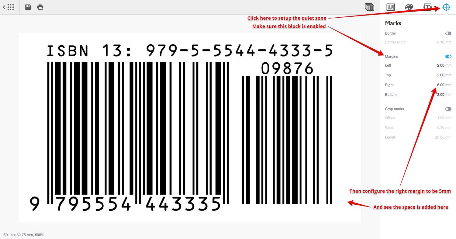 Настройка свободной зоны вокруг ISBN через панель меток справа