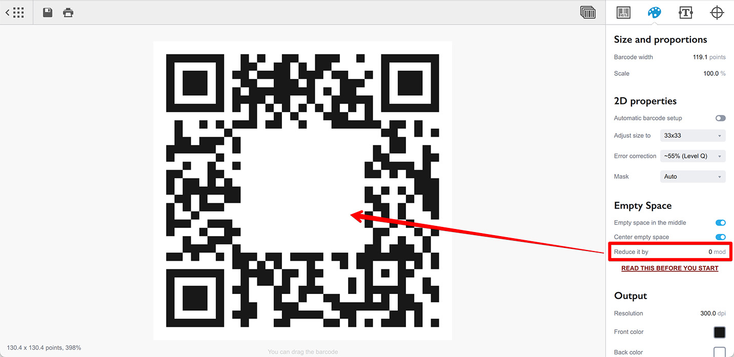 Резервирование максимального пространства для изображения в QR-коде