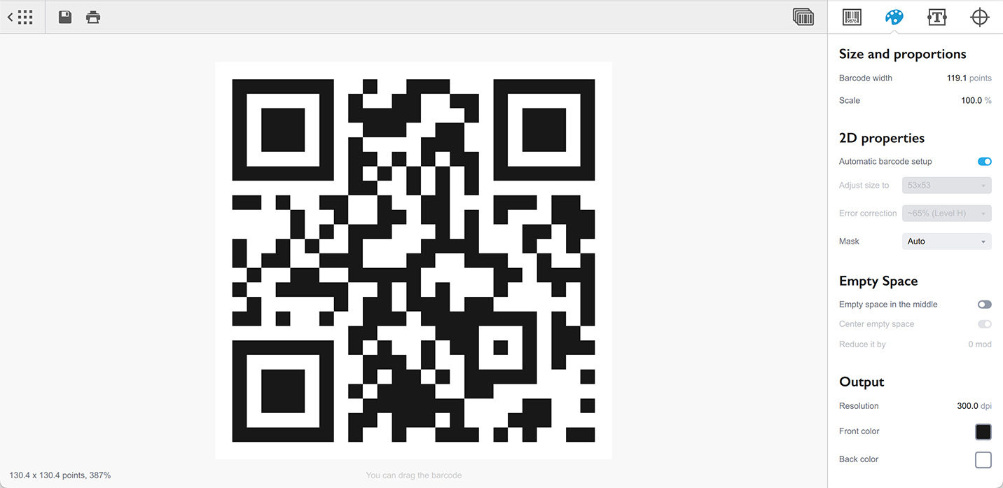 Панель параметров QR-кода