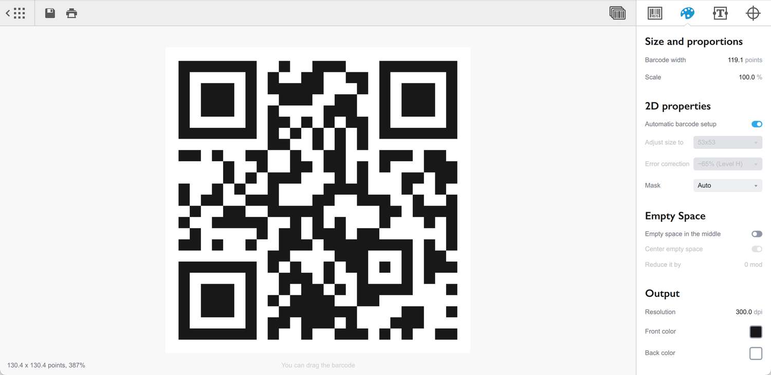 Панель параметров QR-кода
