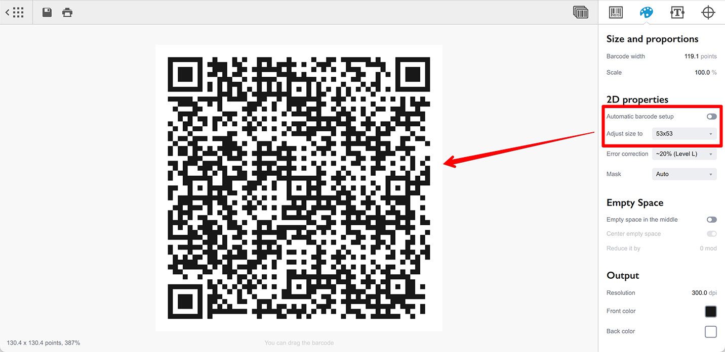 Настройка размера QR-кода