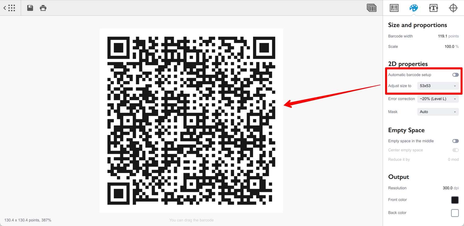 Настройка размера QR-кода