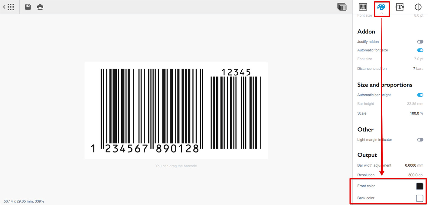 Настройки цвета штрих-кода в Barcode Generator