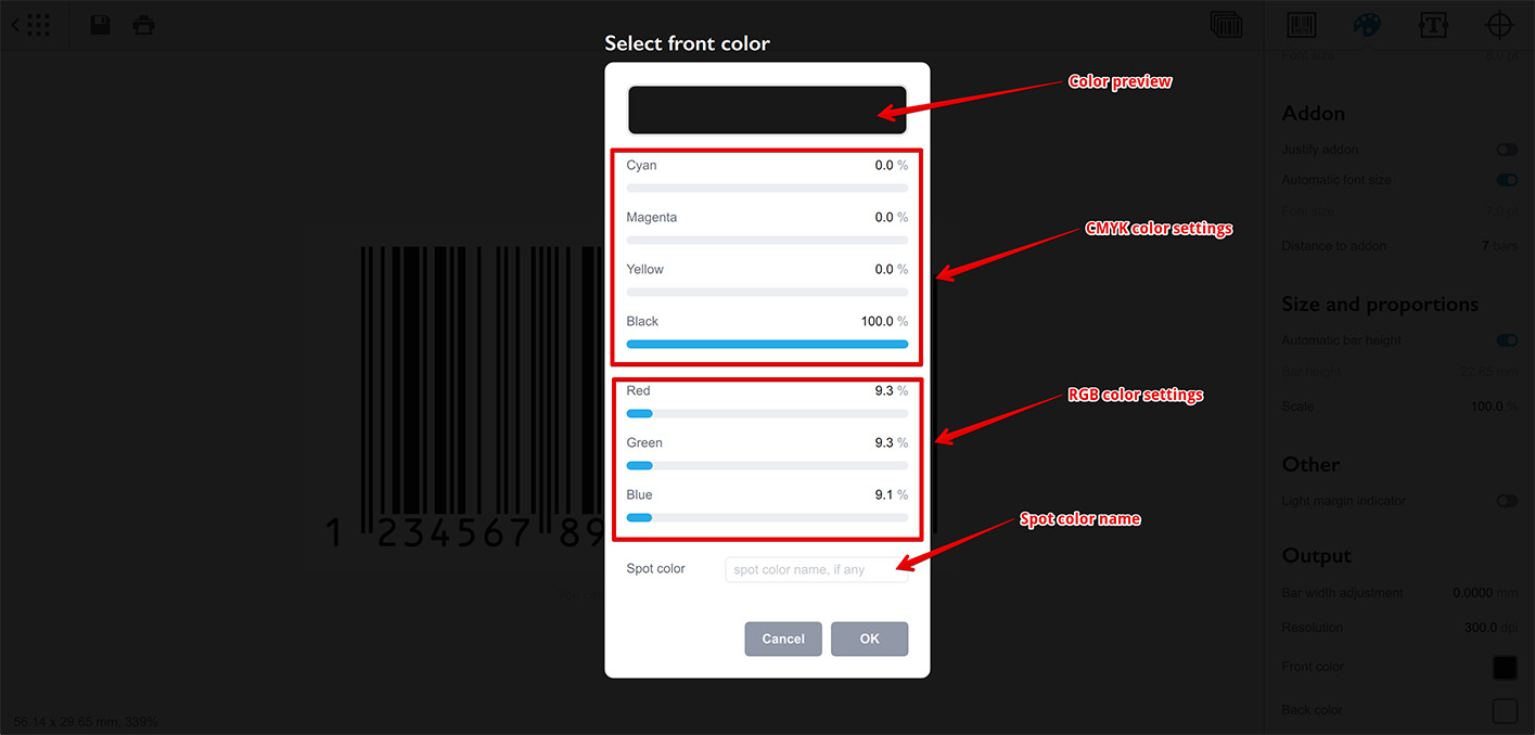 Настройка цвета штрих-кода в Barcode Generator