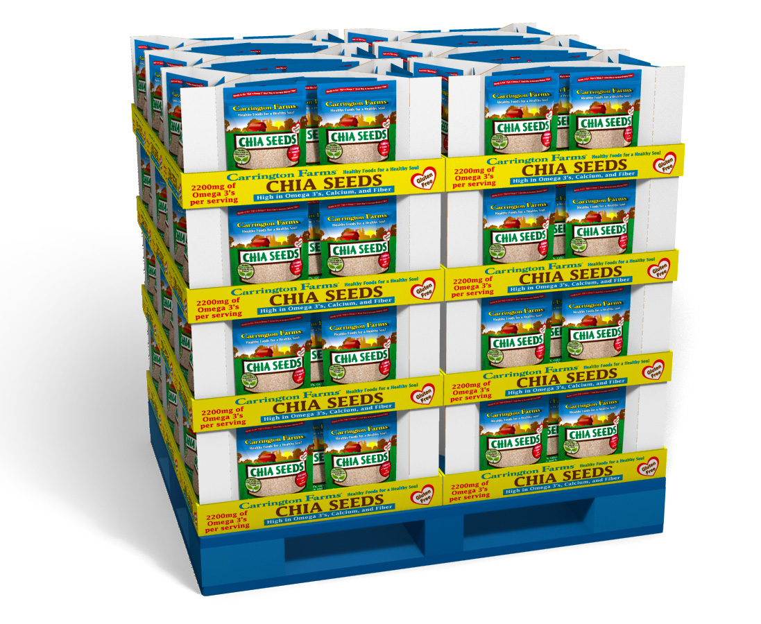 A palett with cardboard boxes and doypacks.