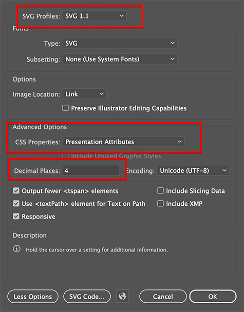 Настройки экспорта SVG из Adobe Illustrator для объектов Lathe