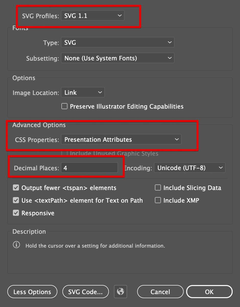 Настройки экспорта SVG из Adobe Illustrator для объектов Lathe