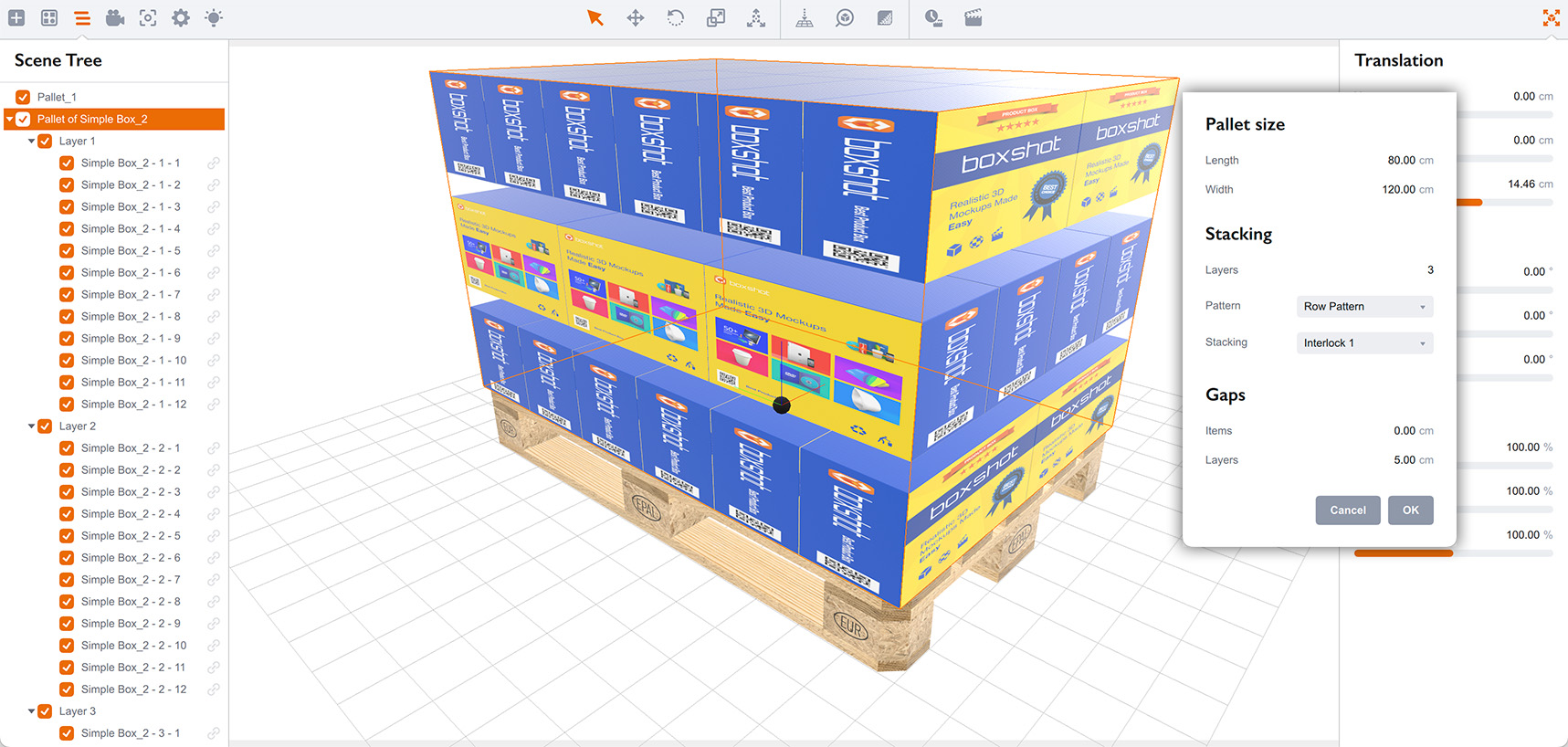 Настройка зазора между слоями в инструменте Palletize
