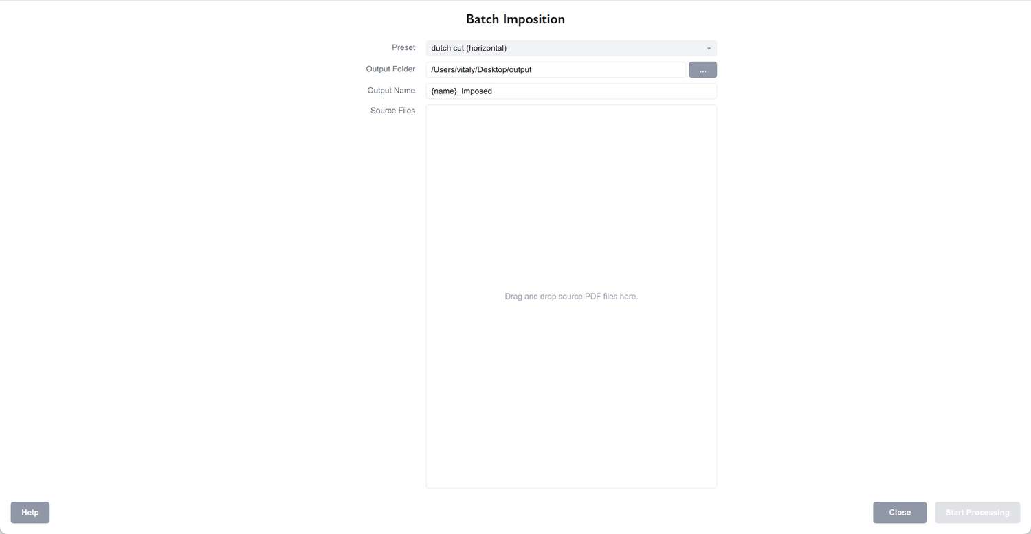 Интерфейс пакетной обработки Imposition Wizard