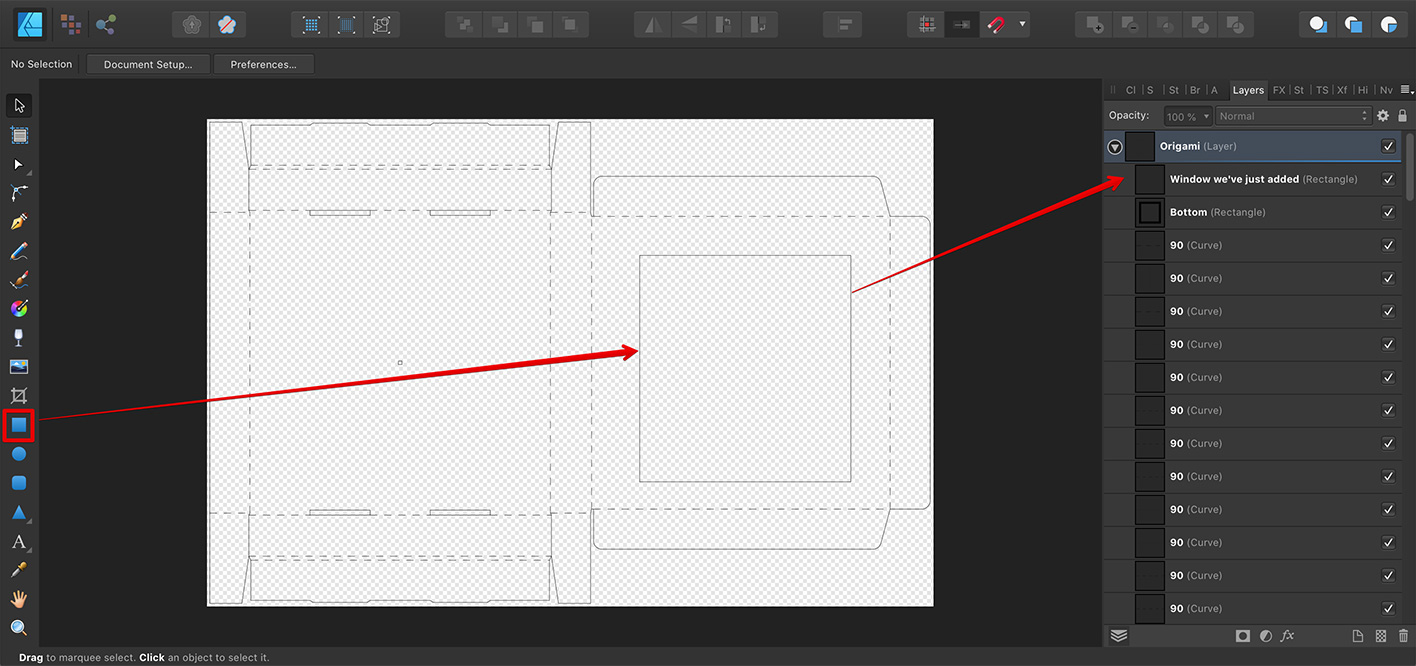 Добавление окна на развёртку коробки в Affinity Designer