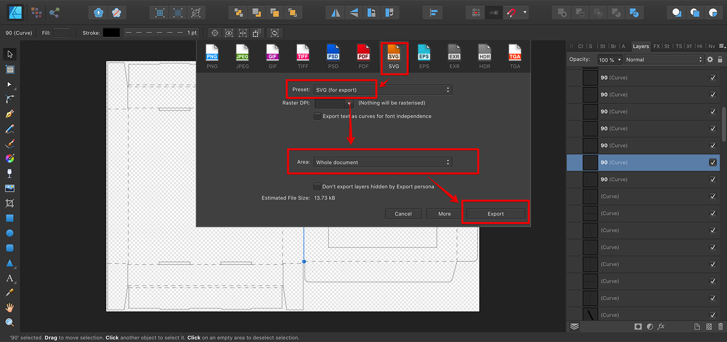 Экспорт обновлённой развёртки в SVG в Affinity Designer