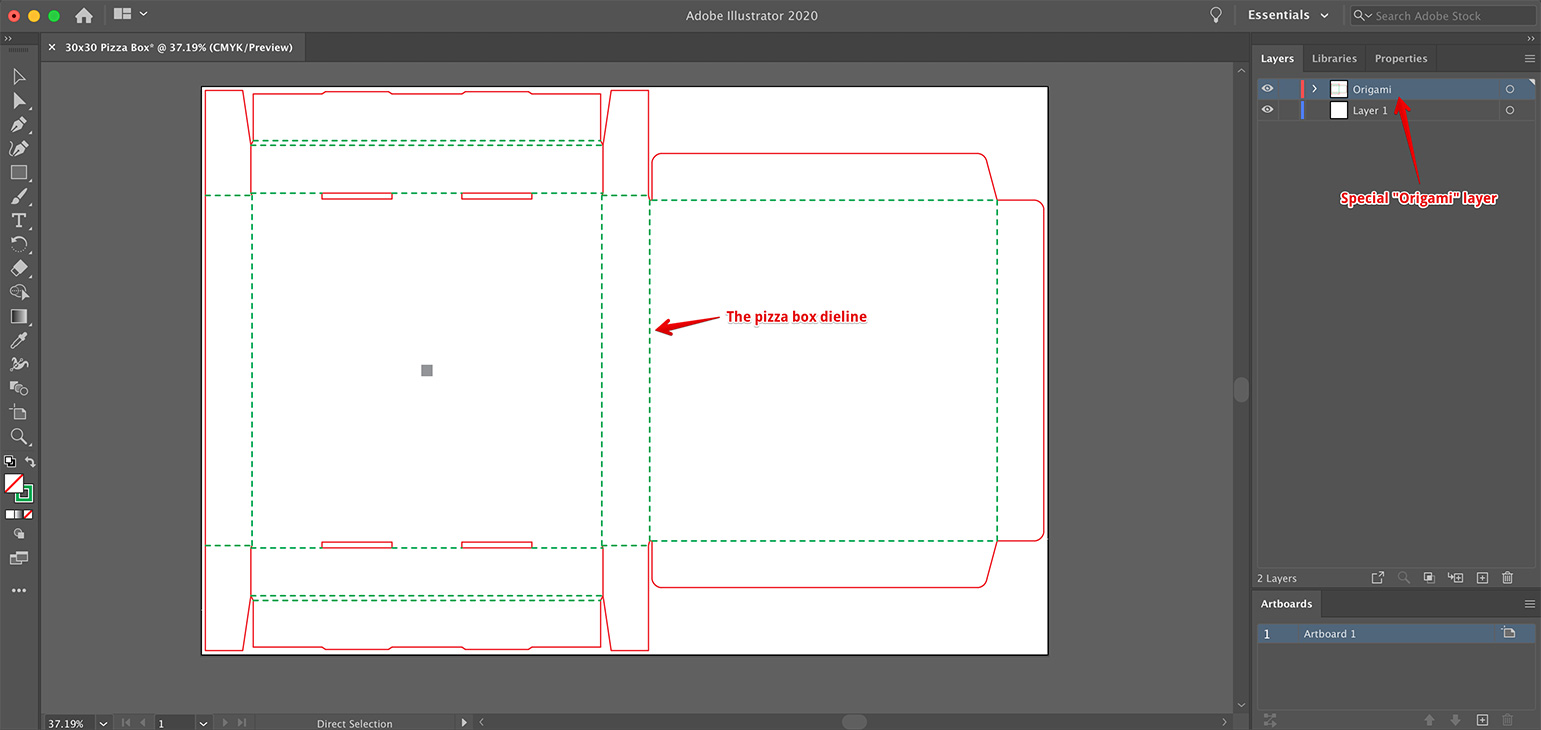 Развёртка коробки для пиццы в Adobe Illustrator