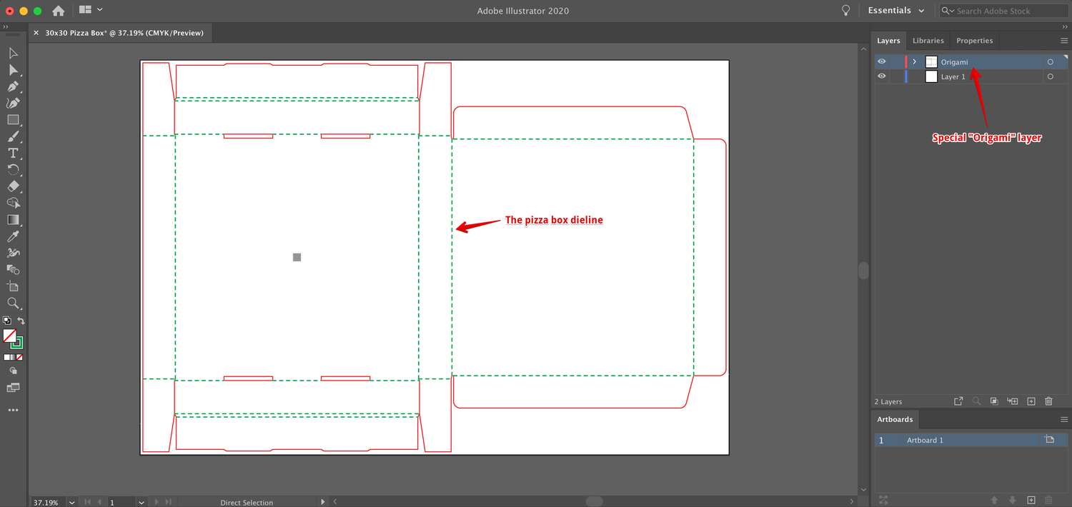 Развёртка коробки для пиццы в Adobe Illustrator