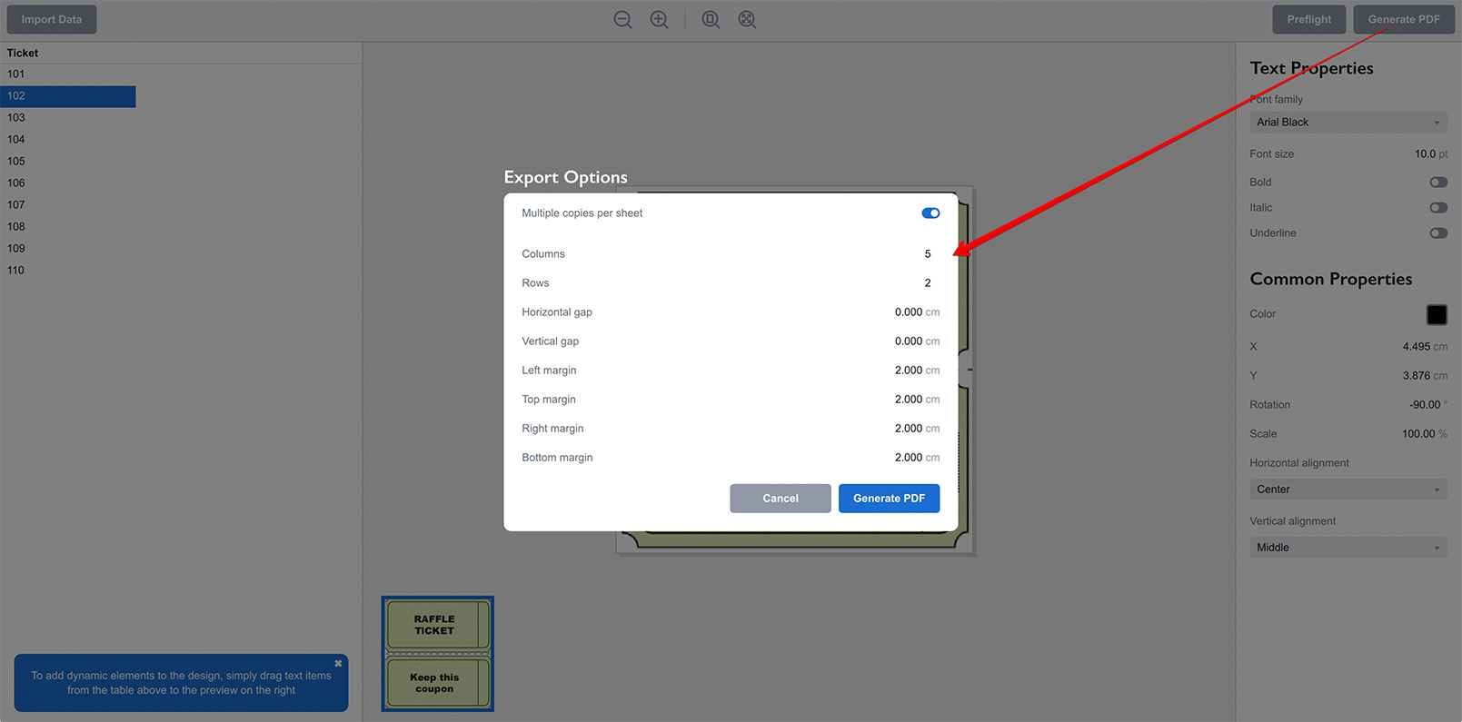 Настройки экспорта PDF в Ticket Wizard