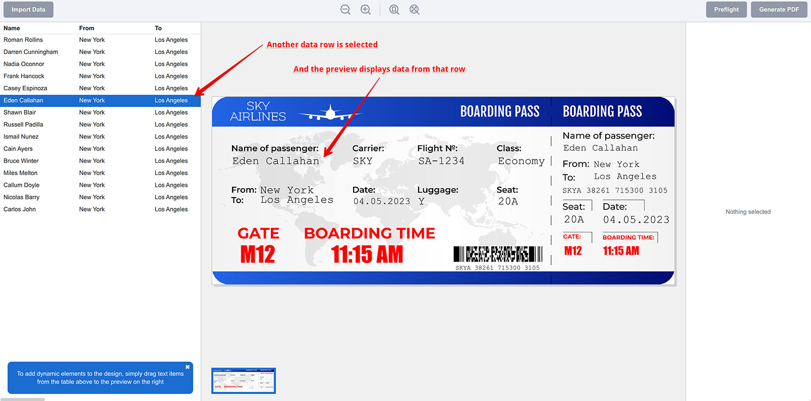 Ticket Wizard показывает данные выбранной строки