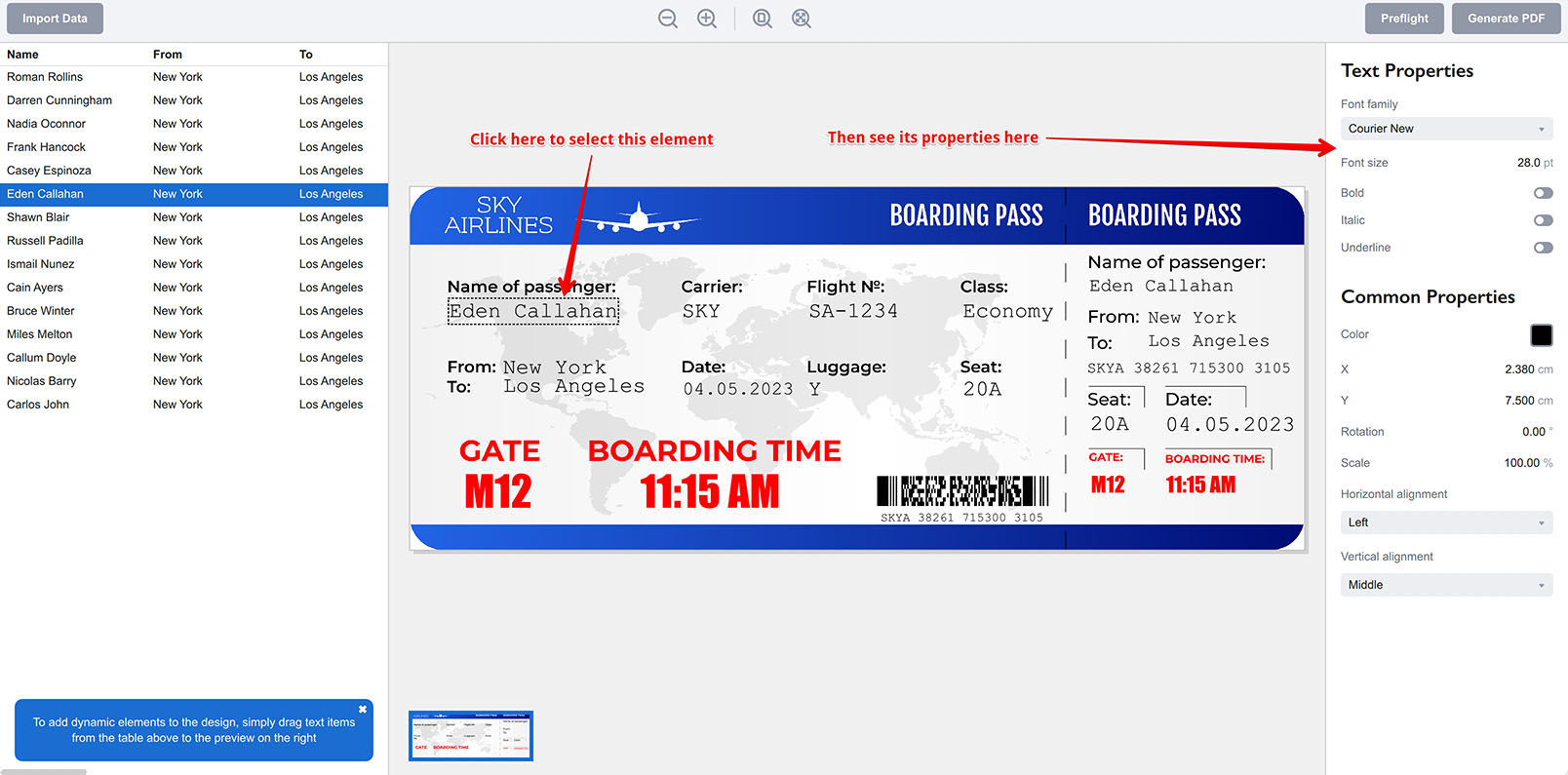 Ticket Wizard показывает свойства выбранного элемента
