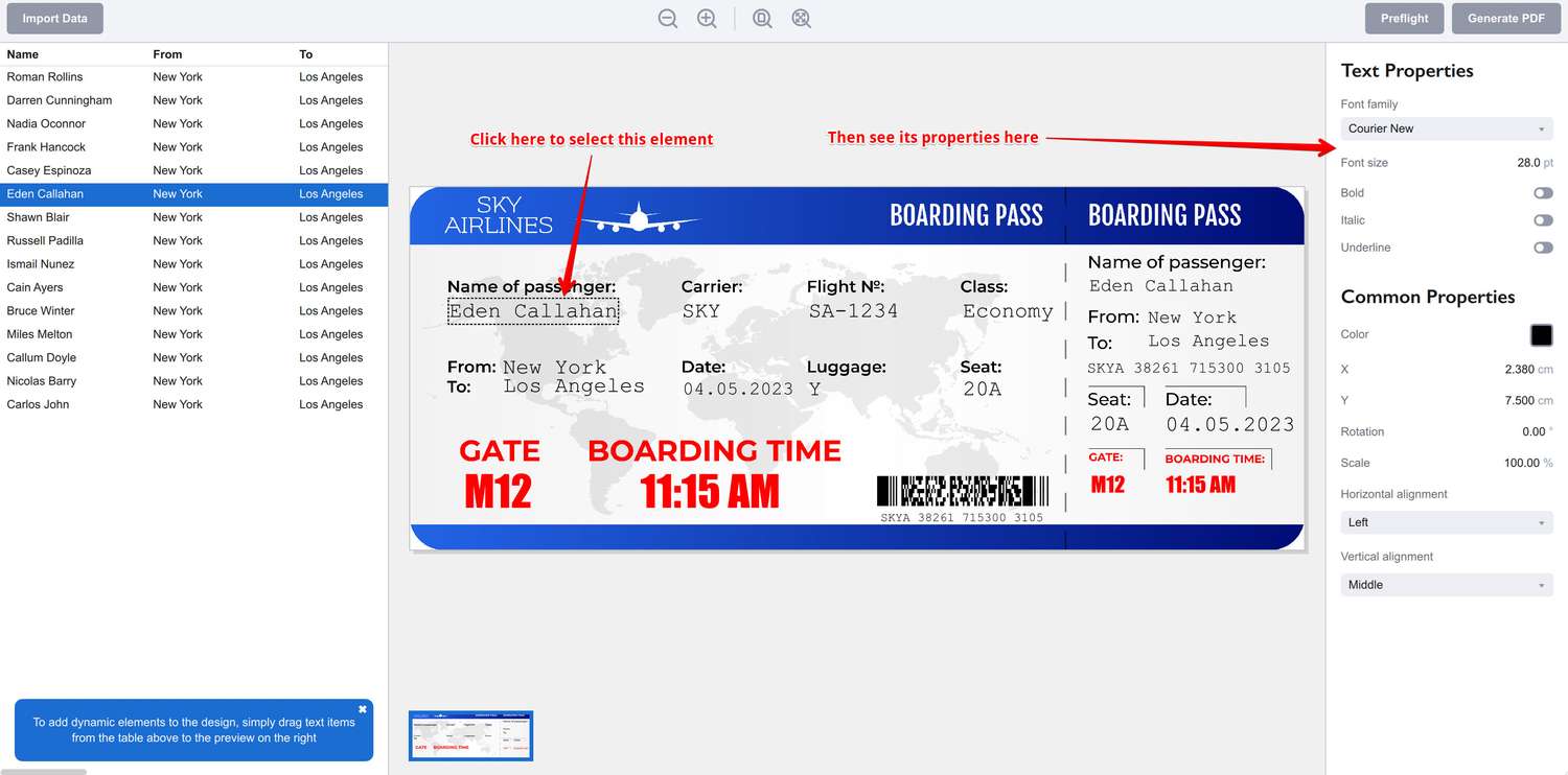Ticket Wizard показывает свойства выбранного элемента